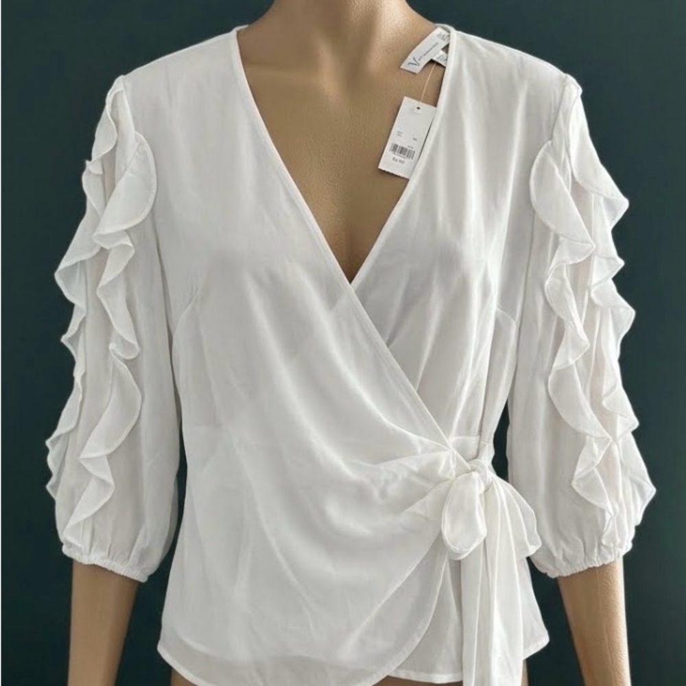 Elegant White Ruffle-Sleeve Wrap Top